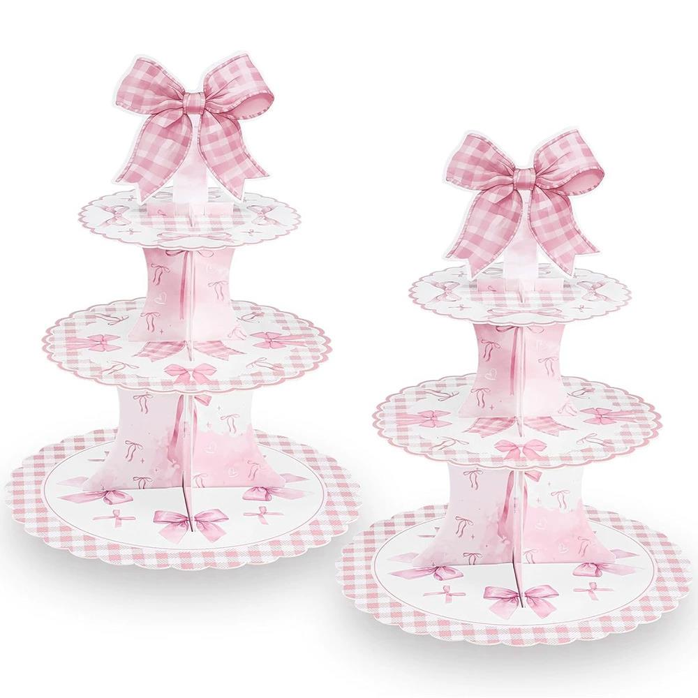 粉色蝴蝶结主题派对装饰3层蛋糕架甜品台蝴蝶结女孩蛋糕塔展示台