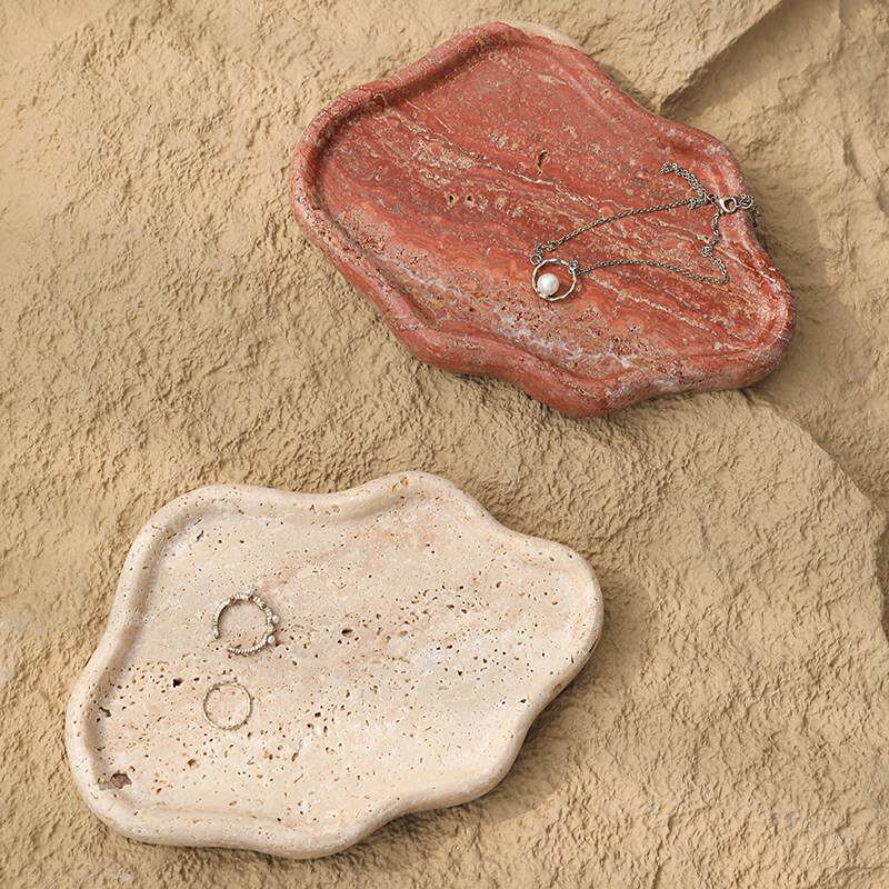 法式天然红色洞石收纳托 托盘粉色大理石置物盘梳妆洗手台面装饰