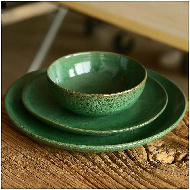 江南生活橄榄绿覆古粗陶做旧餐具三件套盘子汤碗牛排西餐餐具餐盘,餐饮具,盘,淘宝优惠券,粉丝福利购,淘宝优惠卷