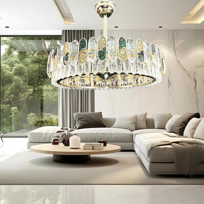 新款全光谱客厅双层水晶吊扇灯六档风速变频铜电机智能语音遥控