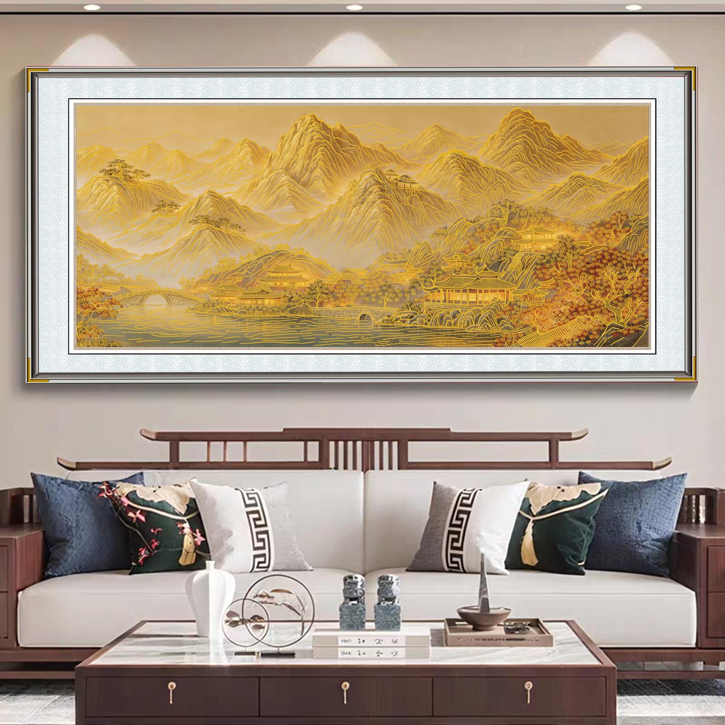 新中式浮雕描金福满金山装饰画客厅沙发背景墙靠办公室山水画挂画