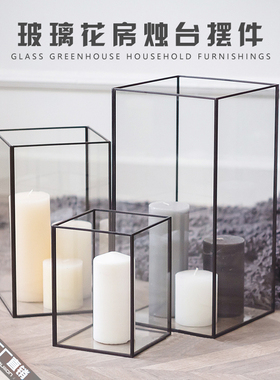 现代简约长方形几何玻璃灯罩浪漫蜡烛烛台餐厅咖啡厅室内装饰摆件