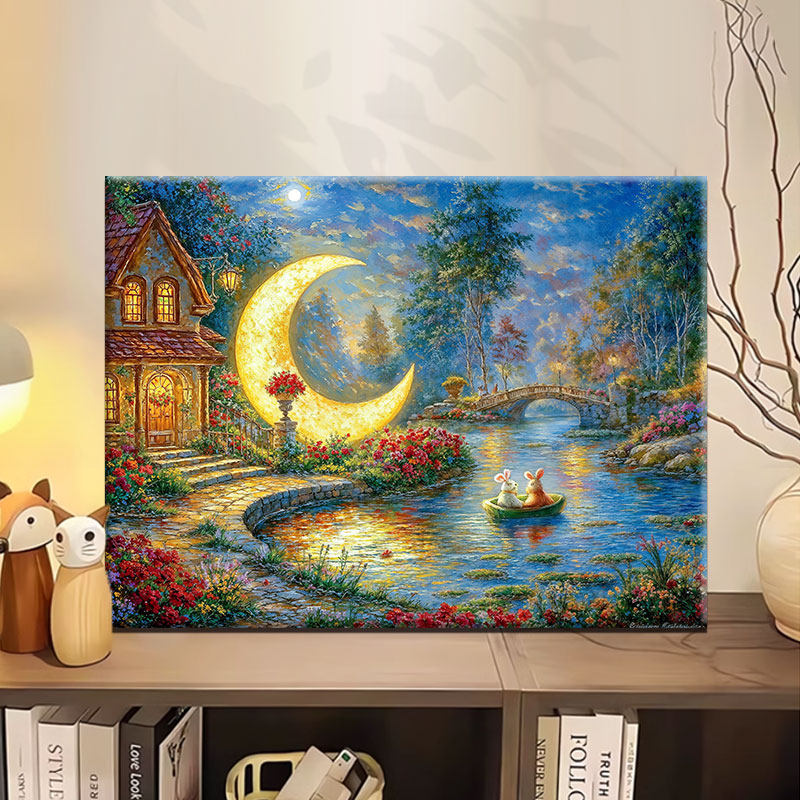 兔兔月亮湾diy数字油画丙烯填充手绘中秋兔治愈系减压油彩涂色画