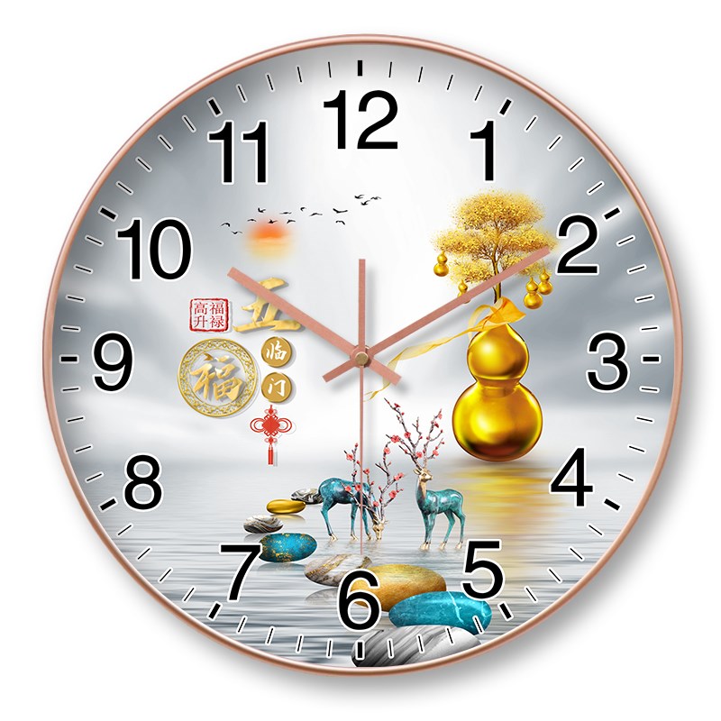 挂钟钟表简约大气家用客q厅装饰福禄五福临门免打孔时钟挂表石英