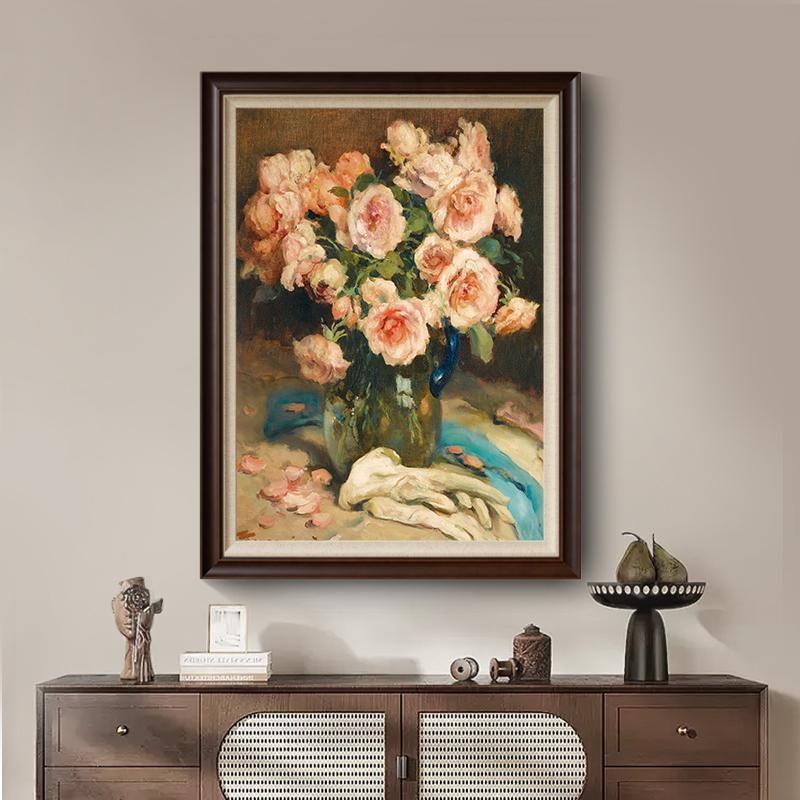 玻璃瓶中的玫瑰法式卧室装饰画中古风玄关挂画复古餐厅壁画图片