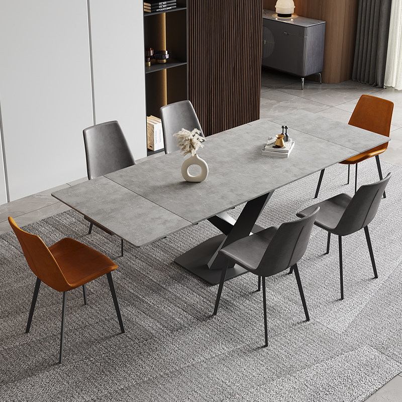 意式可伸缩岩板餐桌椅组合极简家用现代简约小户型吃饭桌子长方形