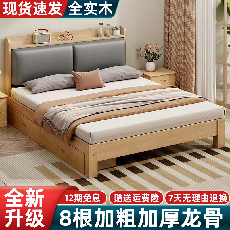 实木床1.5米现代简约家用卧室双人床1.8米经济型出租房用单人木床