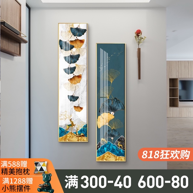 入户玄关装饰画轻奢壁画客厅挂画长条竖版别墅复式发财鹿背景墙画图片