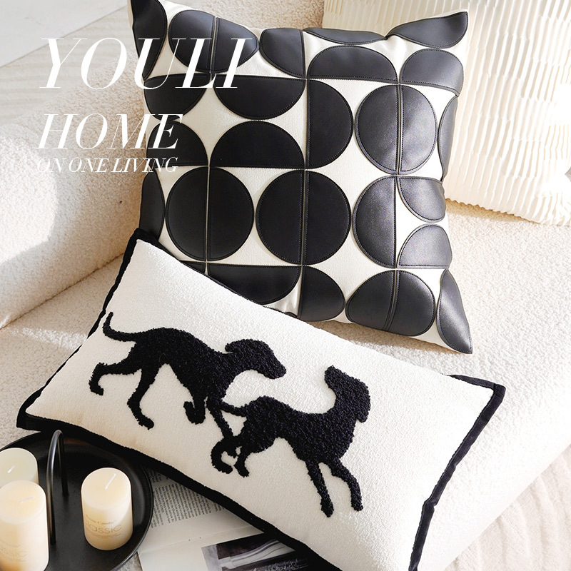 轻奢高级感黑白抱枕法式中古靠枕刺绣简约床上客厅沙发抱枕套含芯