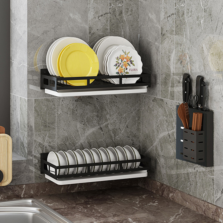 不锈钢碗碟架黑色厨房置物架壁挂收纳架免打孔碗碟架