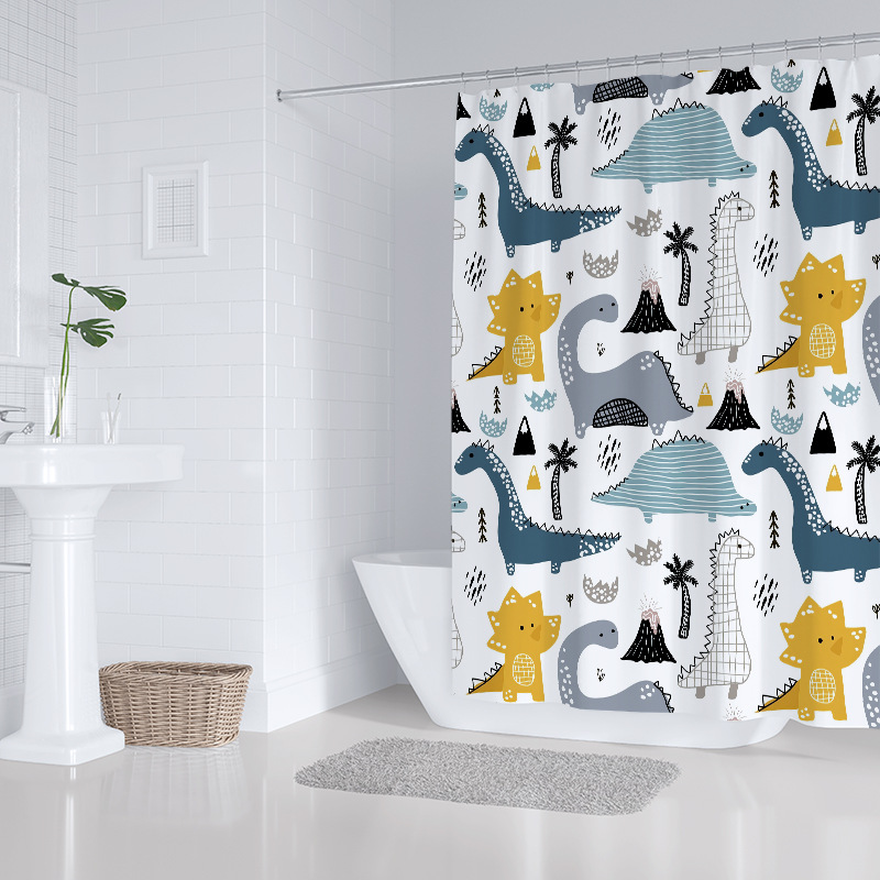 外贸恐龙印花浴帘加厚卫生间隔断帘洗澡淋浴免打孔挂帘防水布防霉