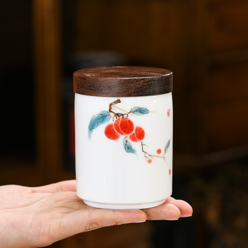 手绘羊脂玉描金茶叶罐带黑檀木密封圈盖子密封罐蜂蜜罐包装