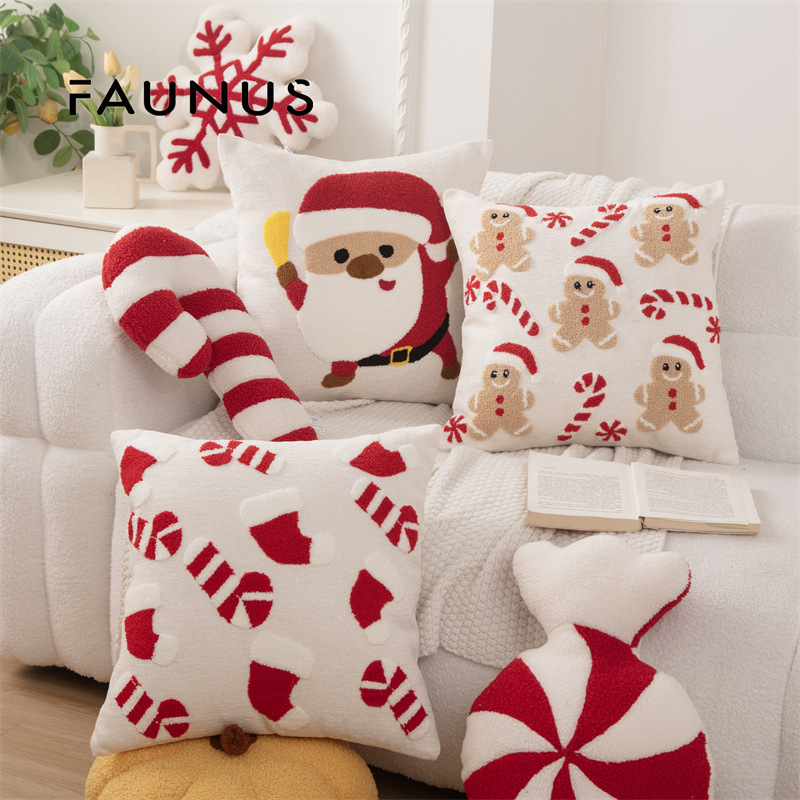 跨境圣诞节刺绣簇绒抱枕拐棍圣诞帽礼品团购圈绒雪尼尔枕套靠垫套