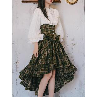 燕尾宫廷风蕾丝半裙束腰复古长裙套装 两件 袖 维多利亚格纹灯笼衬衫