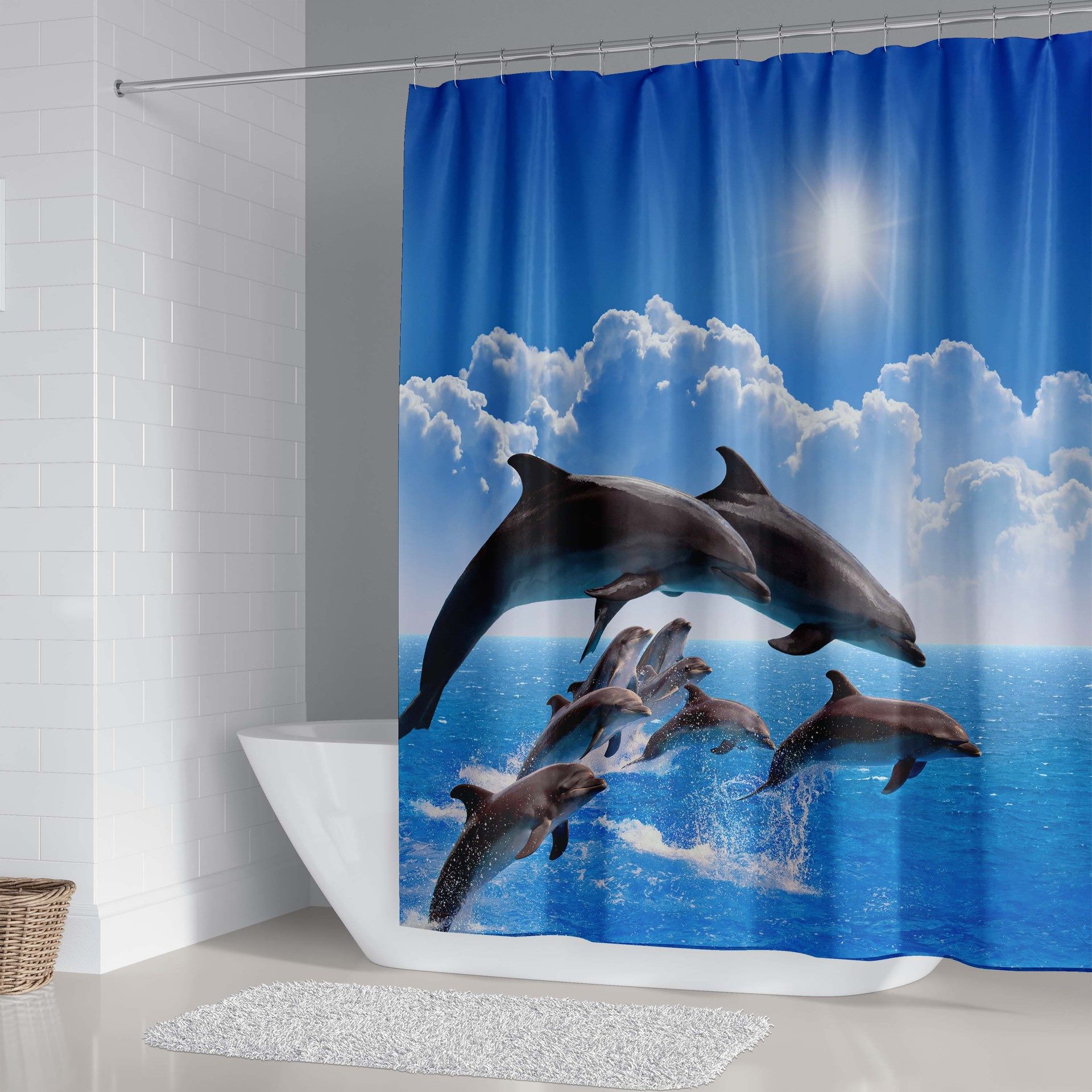 跨境浴帘跳跃海豚浴帘套装数码印花涤纶浴帘免打孔浴室帘隔断浴罩