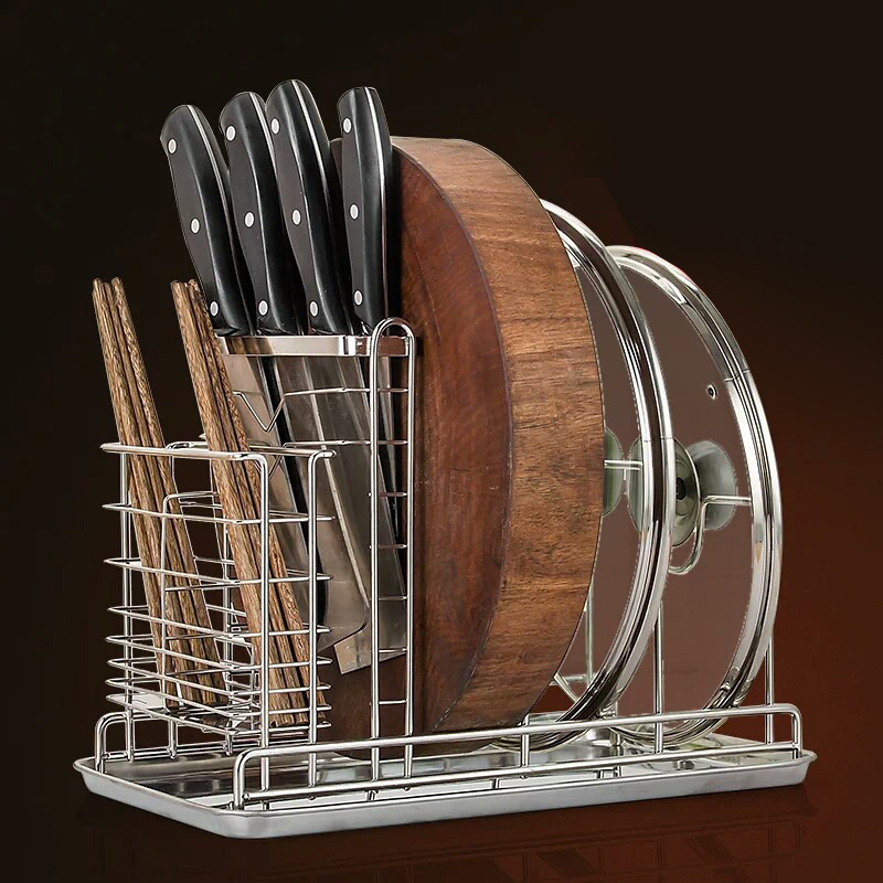 锅盖架带接水盘放砧板304不锈钢厨房用品收纳置物架刀架多功能