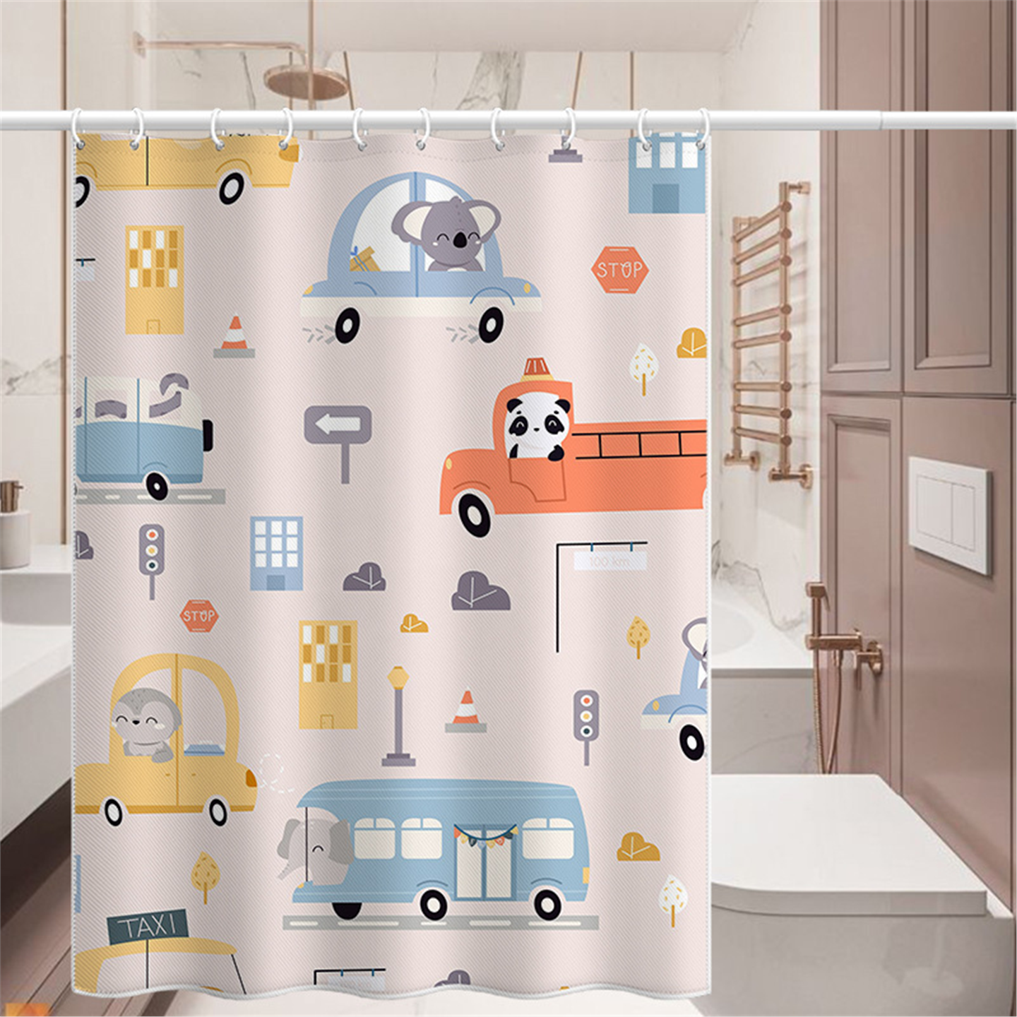 防水布淋浴形卡通打孔套装浴室免卫生间浴帘洗澡L隔断小汽车杆