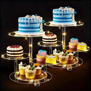 编565号1pc亚克力纸杯蛋糕架透明圆形led灯发光婚礼派对节日多层