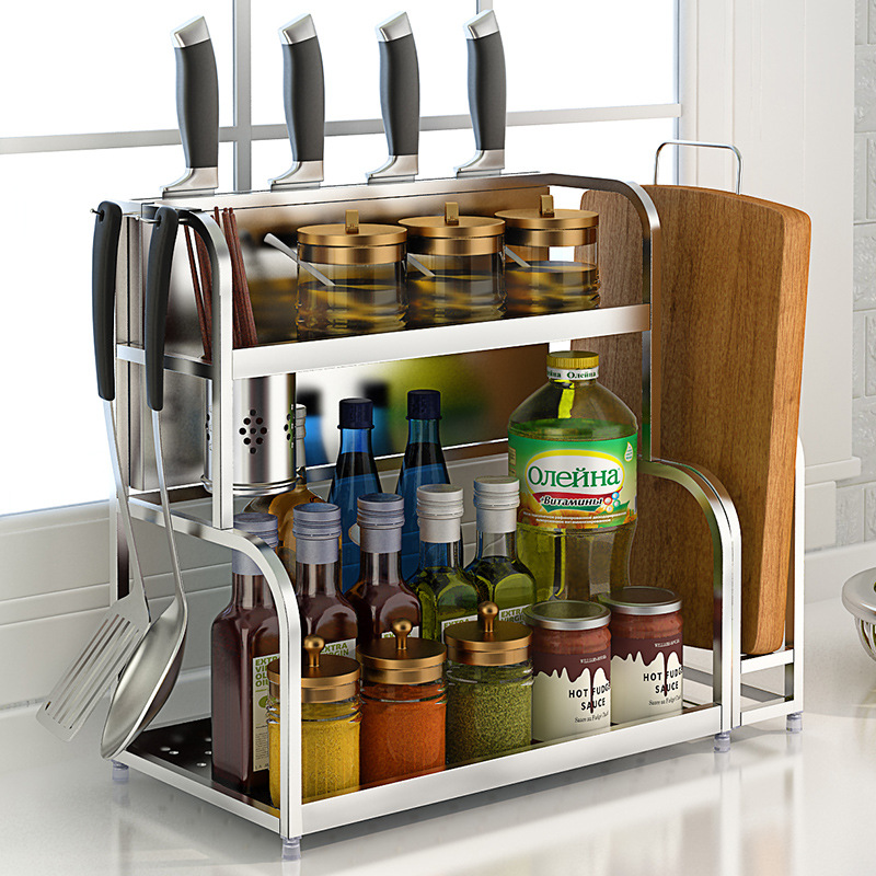 304不锈钢厨房置物架壁挂落地2层砧板菜刀架调味调料用品收纳架子
