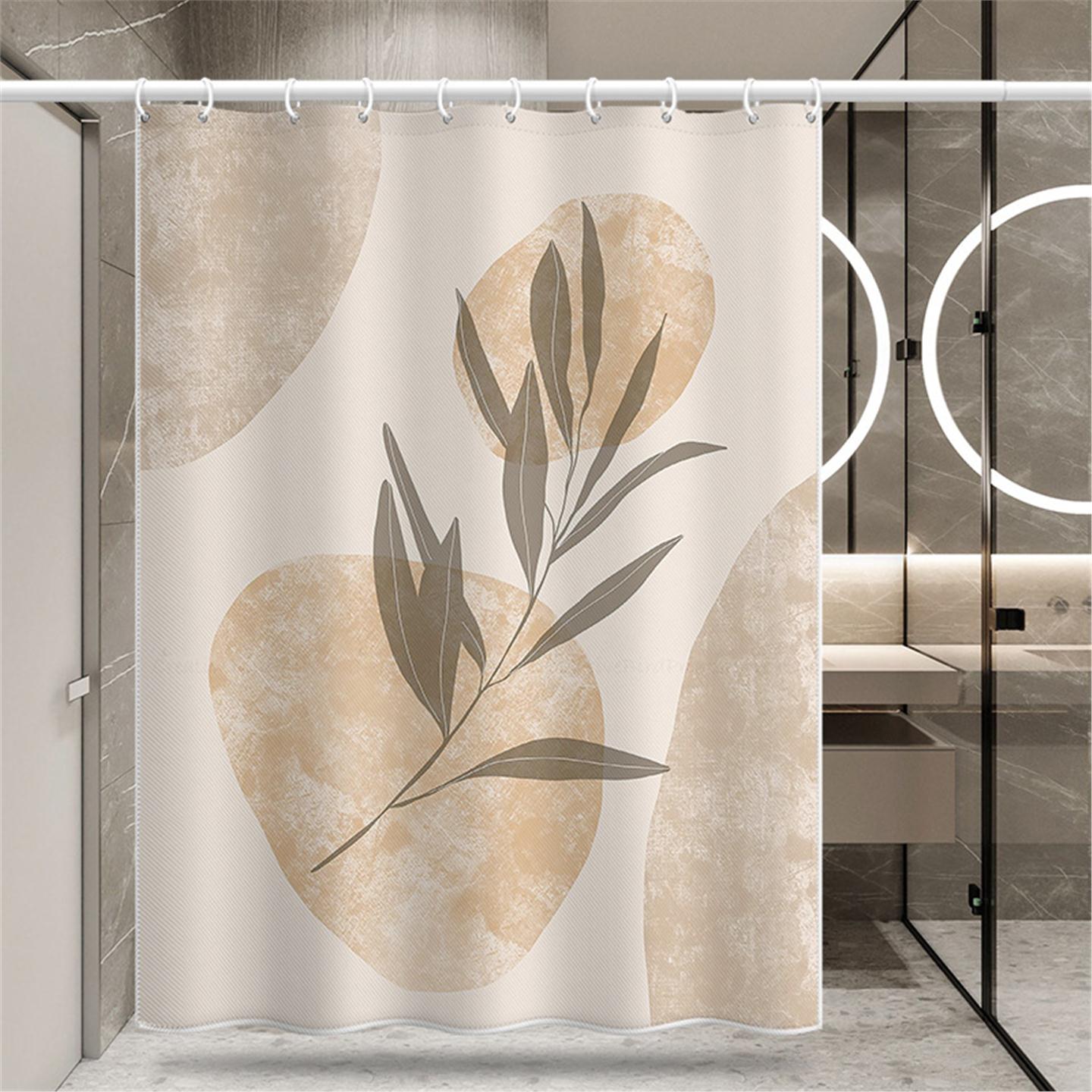 隔断数码淋浴涤纶跨境亚马逊防水印花窗帘浴帘浴室莫兰迪叶子