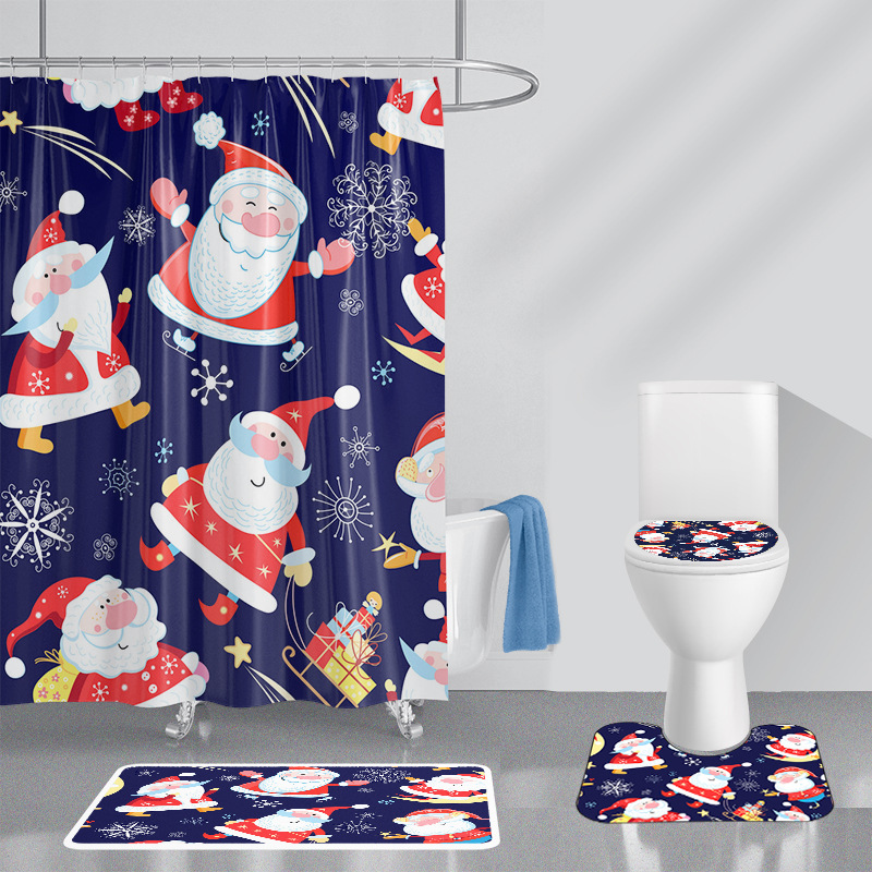 浴室帘防水圣诞节印花浴帘卫生间淋浴房浴帘套装浴室防滑垫四件套