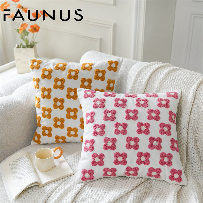 跨境四叶草毛巾绣小花绣花沙发抱枕民宿装饰刺绣客厅靠枕套