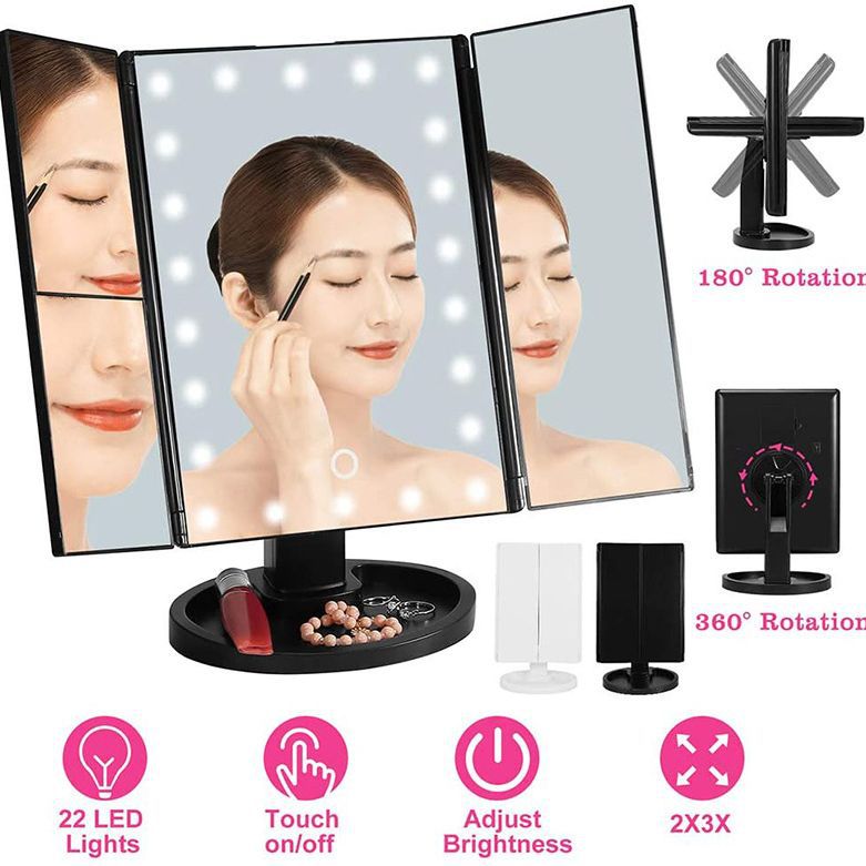 三折台式LED化妆镜 触控调光  感应旋转折叠美妆镜工厂高端礼品镜