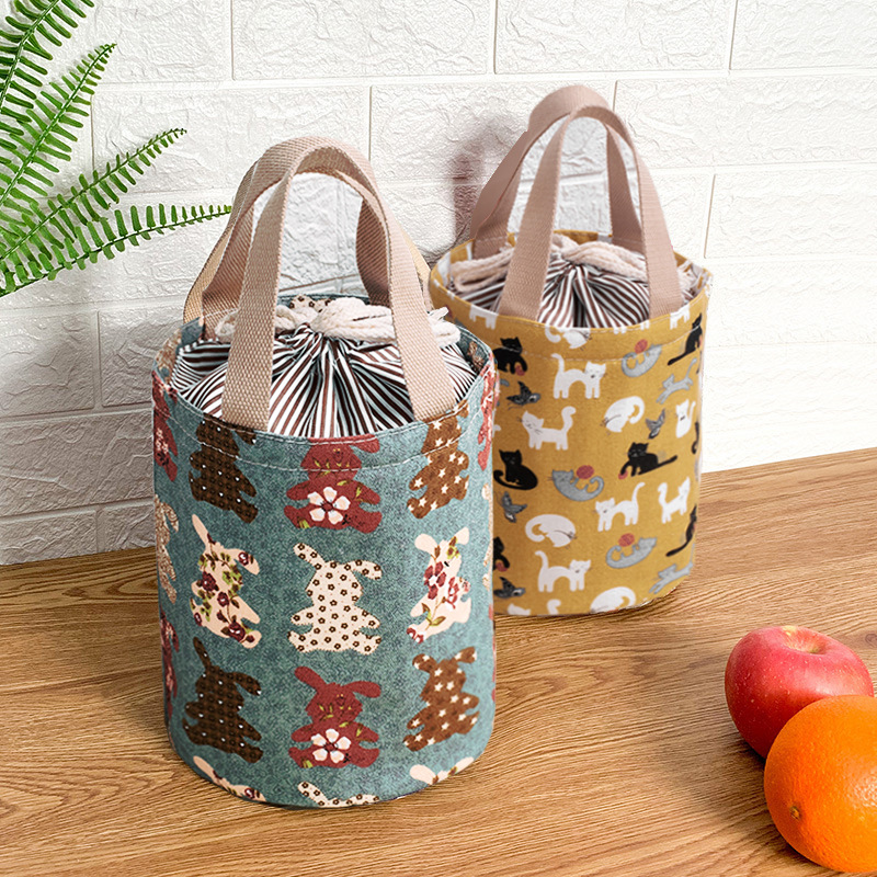 午餐包便当包日式手提袋保温饭盒袋帆布带饭学生圆桶保温桶圆形