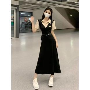 气质两件polo裙显瘦风a夏季 收腰假学院连衣裙领 拼接字女美式 衬衫