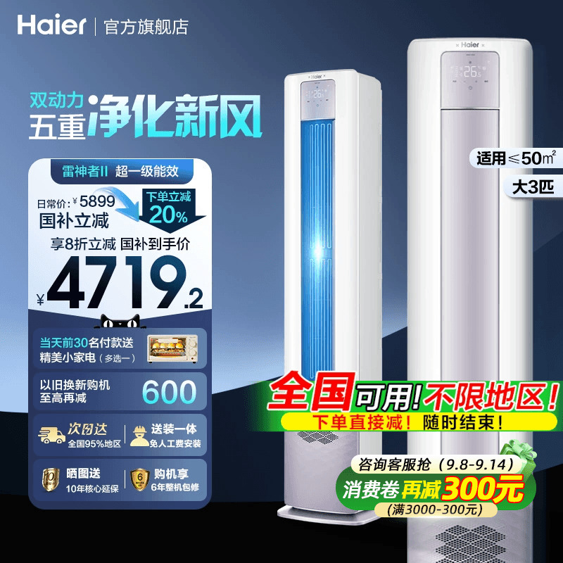 海尔雷神者3匹新风空调柜机