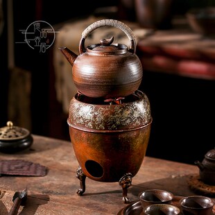 老物件 家用纯铜碳炉紫铜炉仿古烧水煮茶炉户外酒精炉陶壶套装