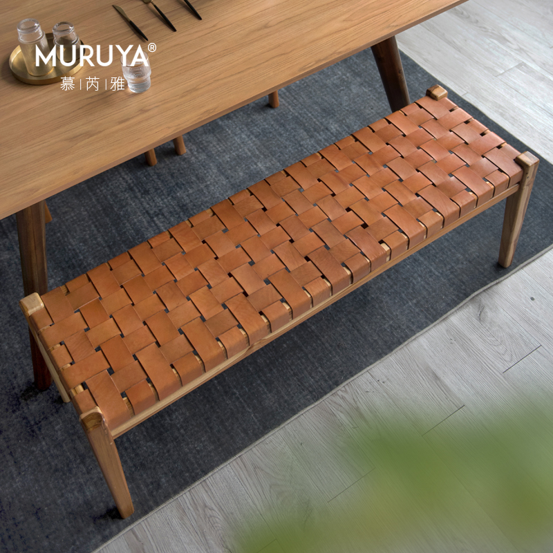 Indonesia原装进口马鞍皮床尾凳实木换鞋长凳编织皮座Z凳休闲餐凳