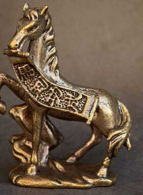 复古实心纯黄铜办公桌面车载小摆件马到成功茶宠工艺品手把玩件