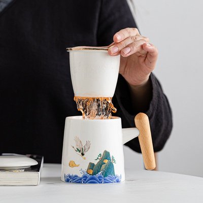 国潮风陶瓷茶杯茶水分离过滤泡茶办公室大容量家用带盖个人马克杯