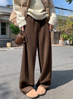 棕咖色羊毛阔腿裤女秋冬高腰宽松垂感美拉德加绒运动卫裤糯米裤