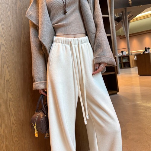 窄款米白色醋酸羊毛直筒阔腿裤女秋冬加绒高腰休闲老钱风弯刀长裤