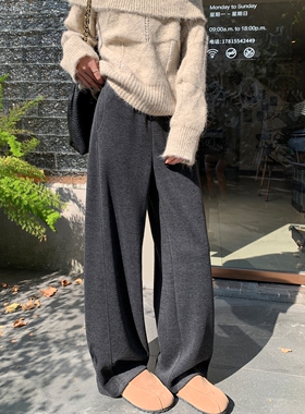 灰色羊毛阔腿裤女2025秋冬高腰垂感加绒运动卫裤加厚直筒弯刀裤子