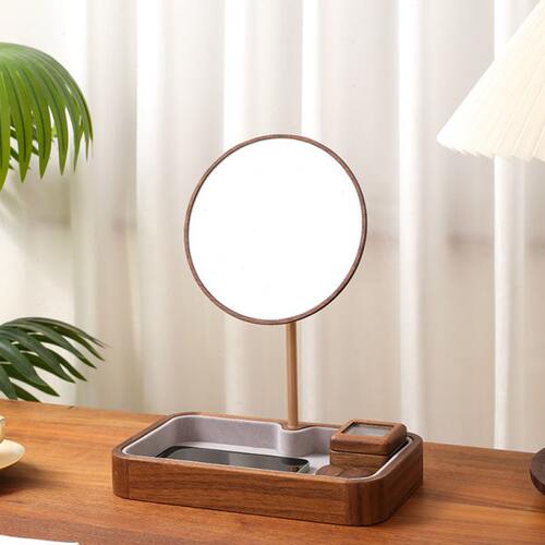 实木梳妆镜黑胡桃木化妆镜台式镜子桌面收纳盒美妆圆镜精致高级感