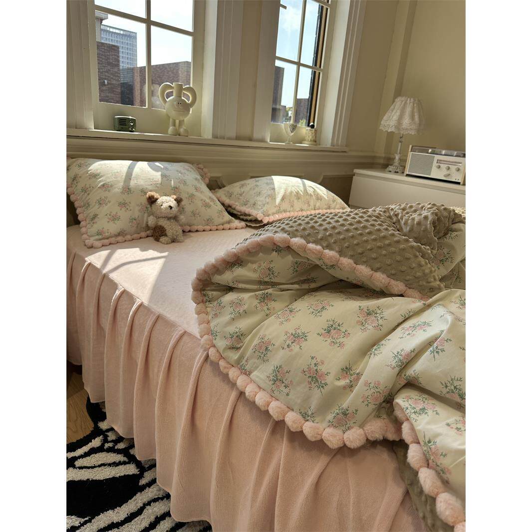 少女心棉加绒粉碎花豆豆绒床裙款四件套A面水洗棉1.5m保暖舒适冬