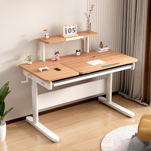 榉木书桌小白桌实木儿童学习桌手摇升降小学生写字桌实木平面桌
