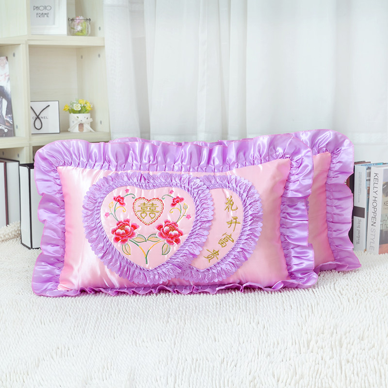 贡缎刺绣枕头套老式绣花边枕套结婚庆大红玫红玉色绿色紫粉色一对