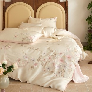 法式 床品 奶油色 A类兰精天丝刺绣四件套轻奢公主风凉感裸睡夏季