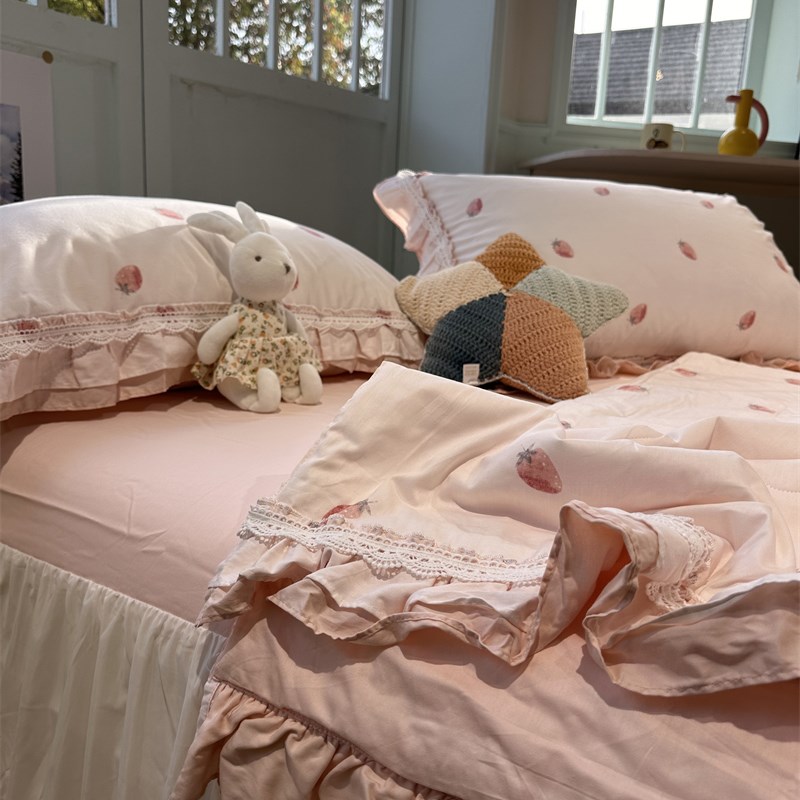 公主风粉色小草莓全纯棉花边床裙款夏凉被四N件套空调被薄被少女