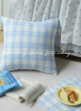 SaturdayHome奶蓝格子抱枕套靠垫ins风N韩系客厅沙发房间用抱枕