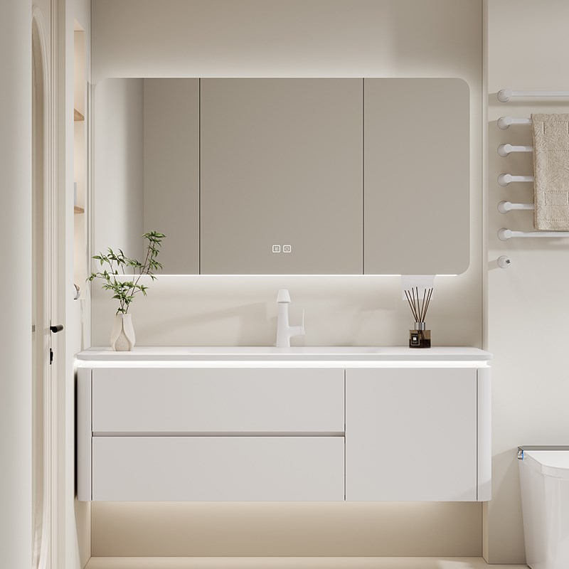 橡木烤漆浴室柜组合岩板热弯一体盆奶油风卫生间陶U瓷一体盆洗漱