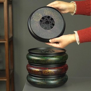 中式圆型茶盘壶承储水干泡茶台大漆老铁器复古茶具V禅意茶道茶托