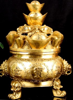 朴器 铜开盖三足元宝聚宝盆摆件 铜元宝 铜聚宝盆 摆件 工艺品