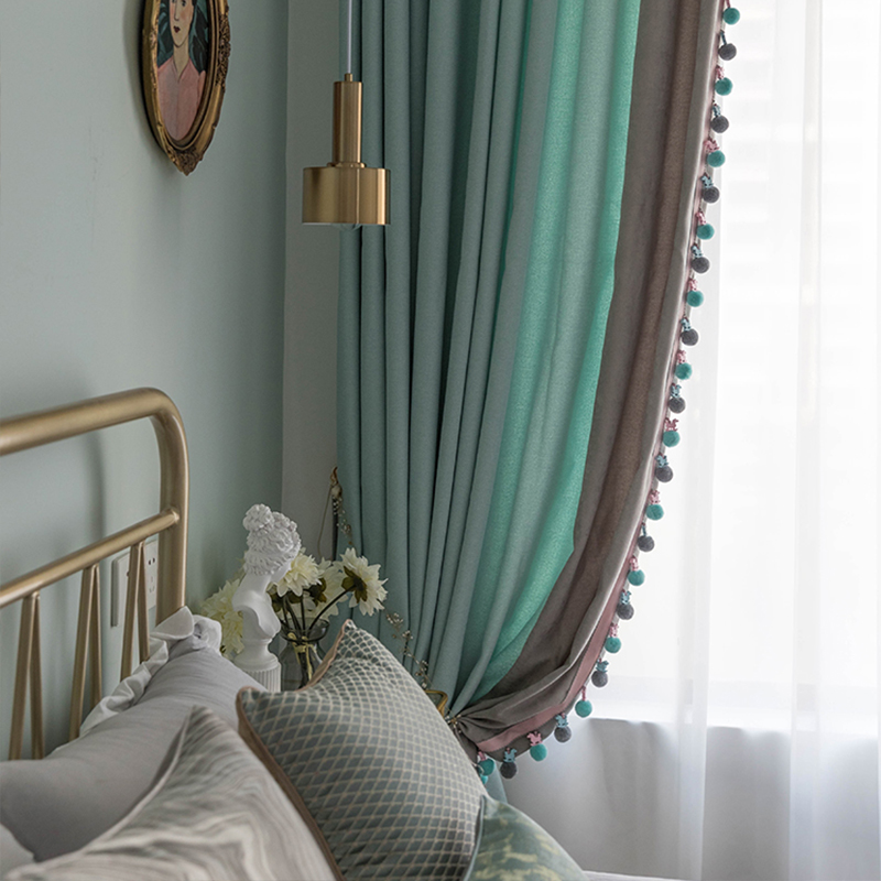 雪橇小马花边蓝色韩式儿童房男孩女孩卧室窗帘拼接半遮光短款定制