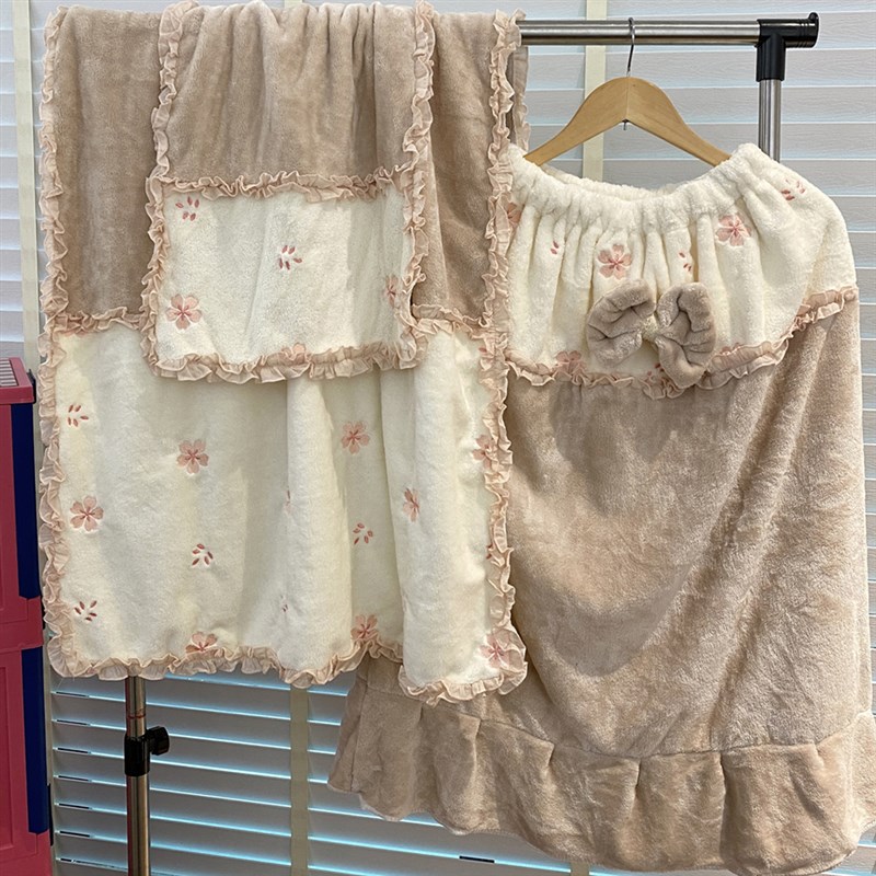 可爱花边蝴蝶结樱花浴裙家用宿舍可穿式浴巾浴袍珊瑚绒吸水日式女