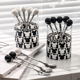 高颜值不锈钢勺子家用咖啡勺甜品勺搅拌棒水果叉调羹带收纳罐套装